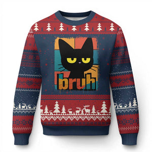 Funny Black Cat Bruh Meme Ugly Christmas Sweater Funny Black Cat TS14 Navy Red Print Your Wear