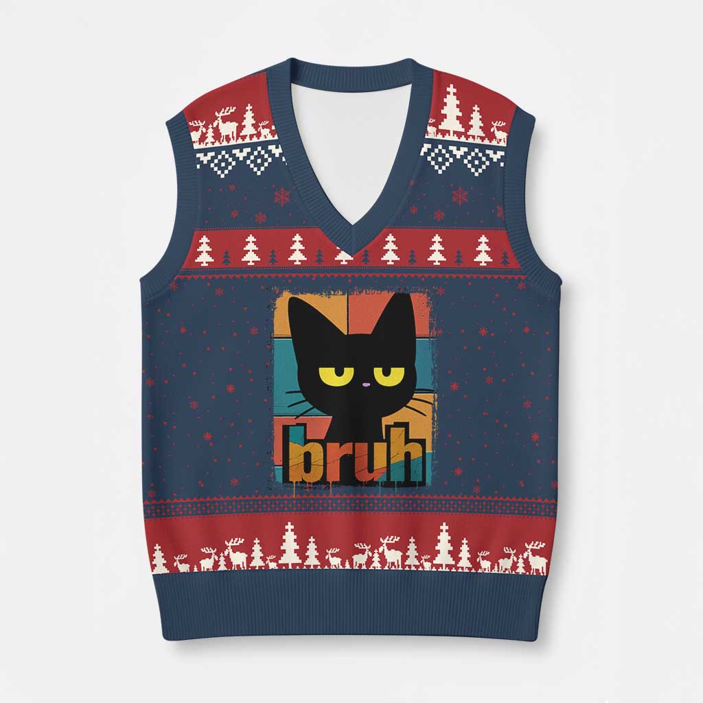 Funny Black Cat Bruh Meme V-Neck Knit Sweater Vest Funny Black Cat TS14 Navy Red Print Your Wear