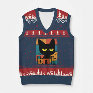 Funny Black Cat Bruh Meme V-Neck Knit Sweater Vest Funny Black Cat TS14 Navy Red Print Your Wear