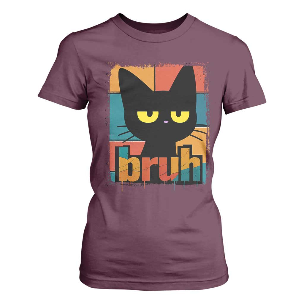 Funny Black Cat Bruh Meme T Shirt For Women Funny Black Cat TS14 Maroon Print Your Wear
