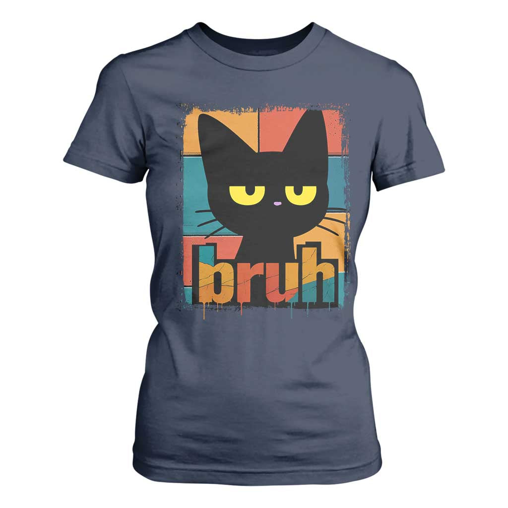 Funny Black Cat Bruh Meme T Shirt For Women Funny Black Cat TS14 Navy Print Your Wear