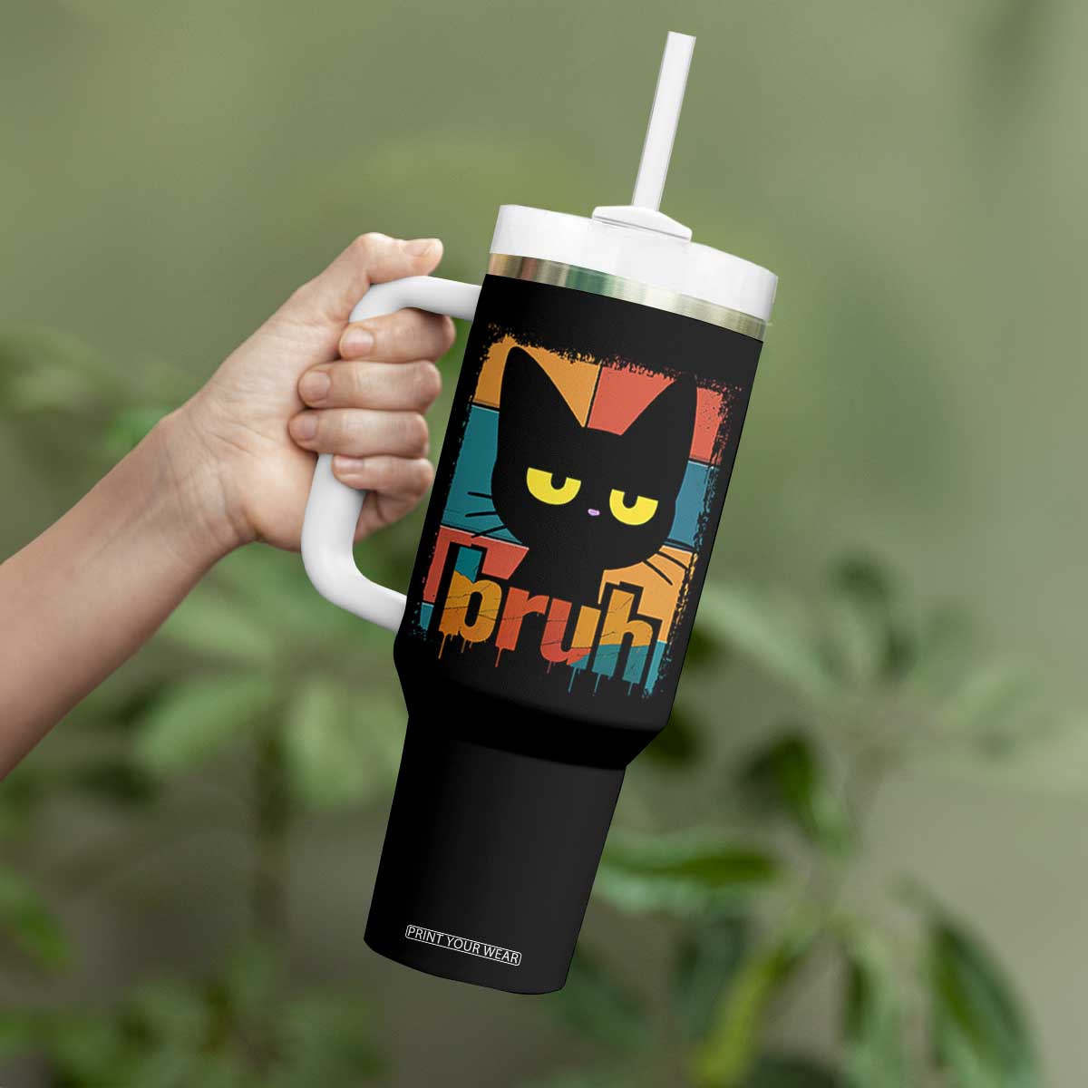 Funny Black Cat Bruh Meme Tumbler With Handle Funny Black Cat TS14 Print Your Wear