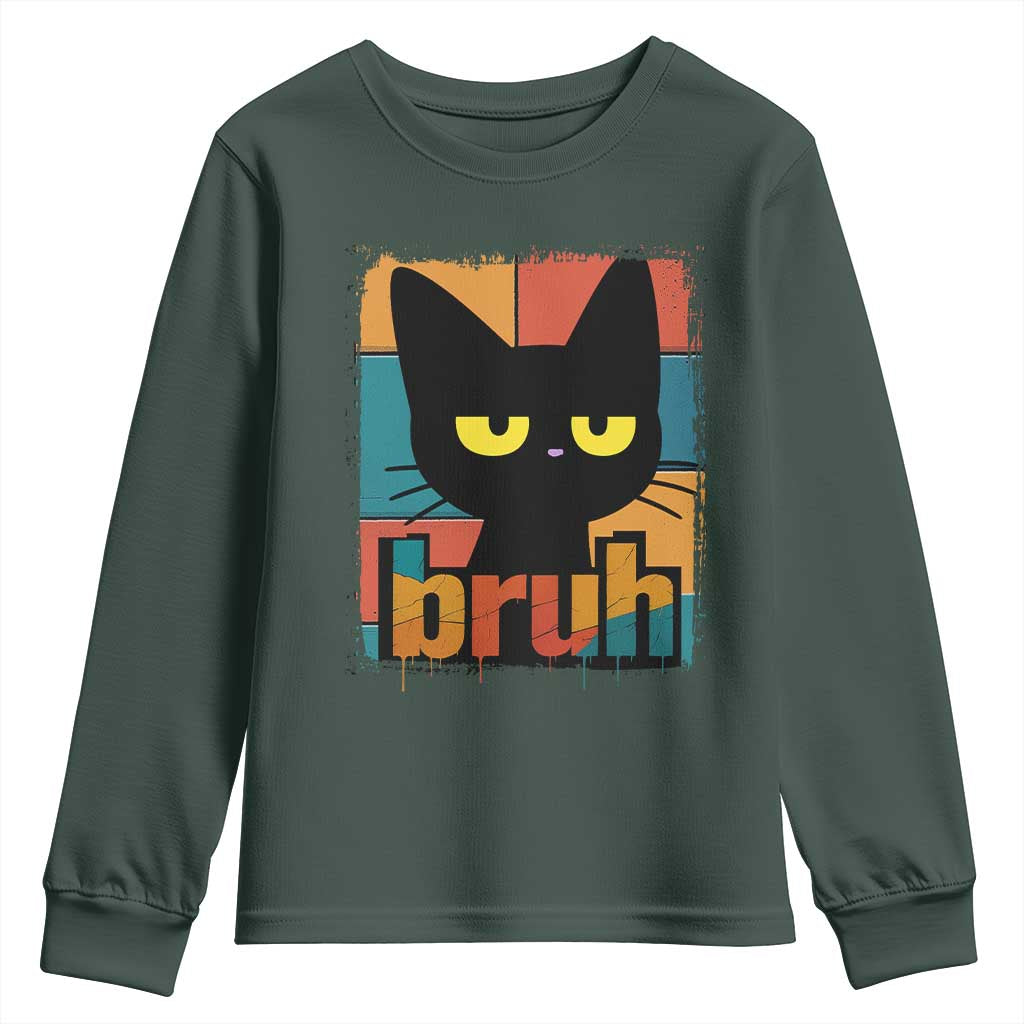 Funny Black Cat Bruh Meme Youth Sweatshirt Funny Black Cat TS14 Dark Forest Green Print Your Wear
