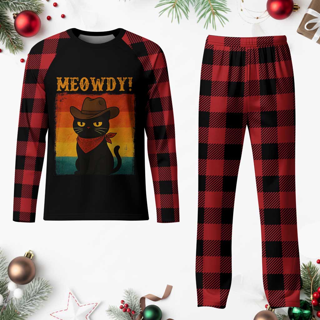 Meowdy Cowboy Cat Plaid Pajama Set Cute Black Kitten Country Western - Print Your Wear