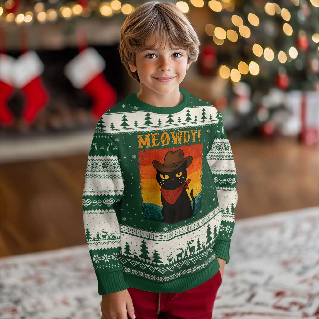 Meowdy Cowboy Cat Ugly Christmas Sweater Cute Black Kitten Country Western TS14 Forest Green Beige Print Your Wear