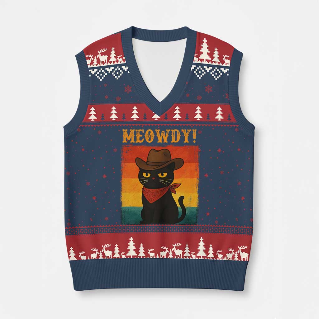 Meowdy Cowboy Cat V-Neck Knit Sweater Vest Cute Black Kitten Country Western TS14 Navy Red Print Your Wear
