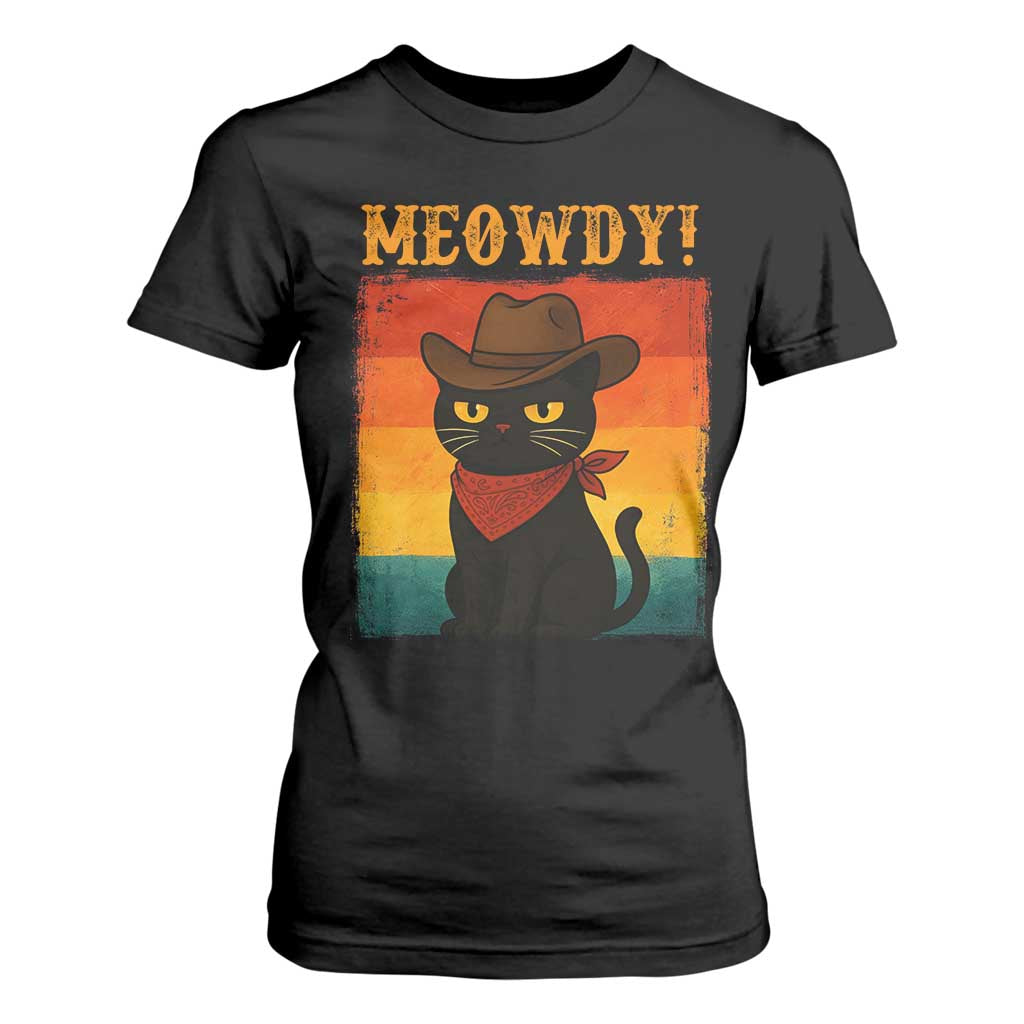 Meowdy Cowboy Cat T Shirt For Women Cute Black Kitten Country Western - Print Your Wear
