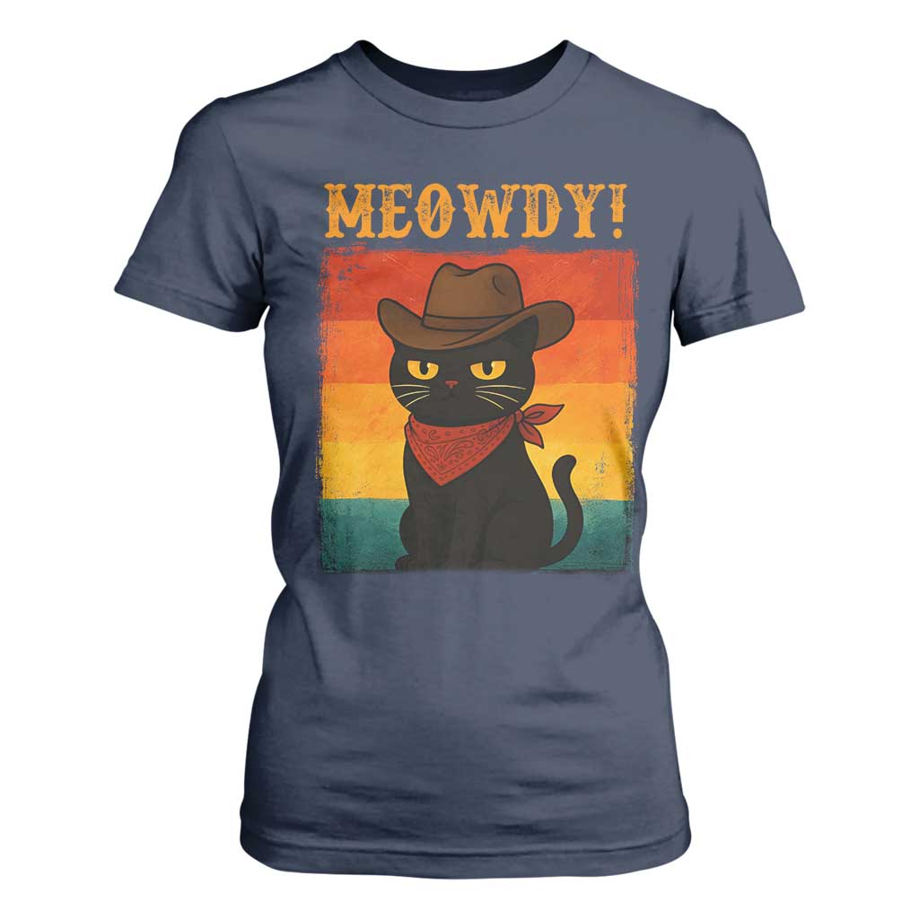 Meowdy Cowboy Cat T Shirt For Women Cute Black Kitten Country Western - Print Your Wear