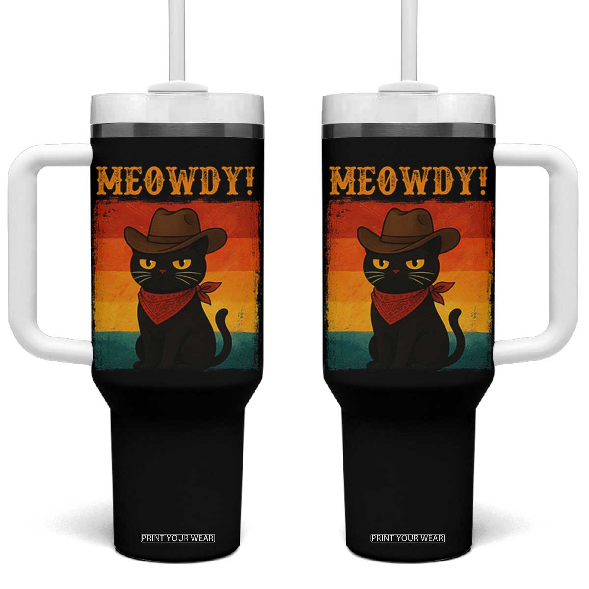 Meowdy Cowboy Cat Tumbler With Handle Cute Black Kitten Country Western TS14 One Size: 40 oz Black Print Your Wear