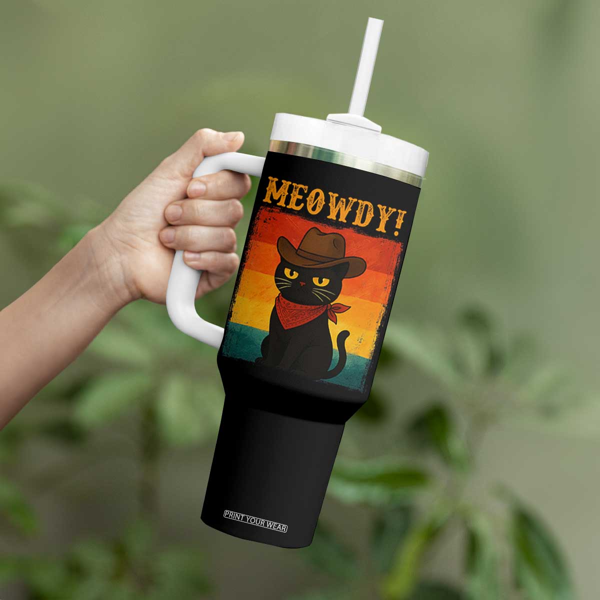 Meowdy Cowboy Cat Tumbler With Handle Cute Black Kitten Country Western TS14 Print Your Wear