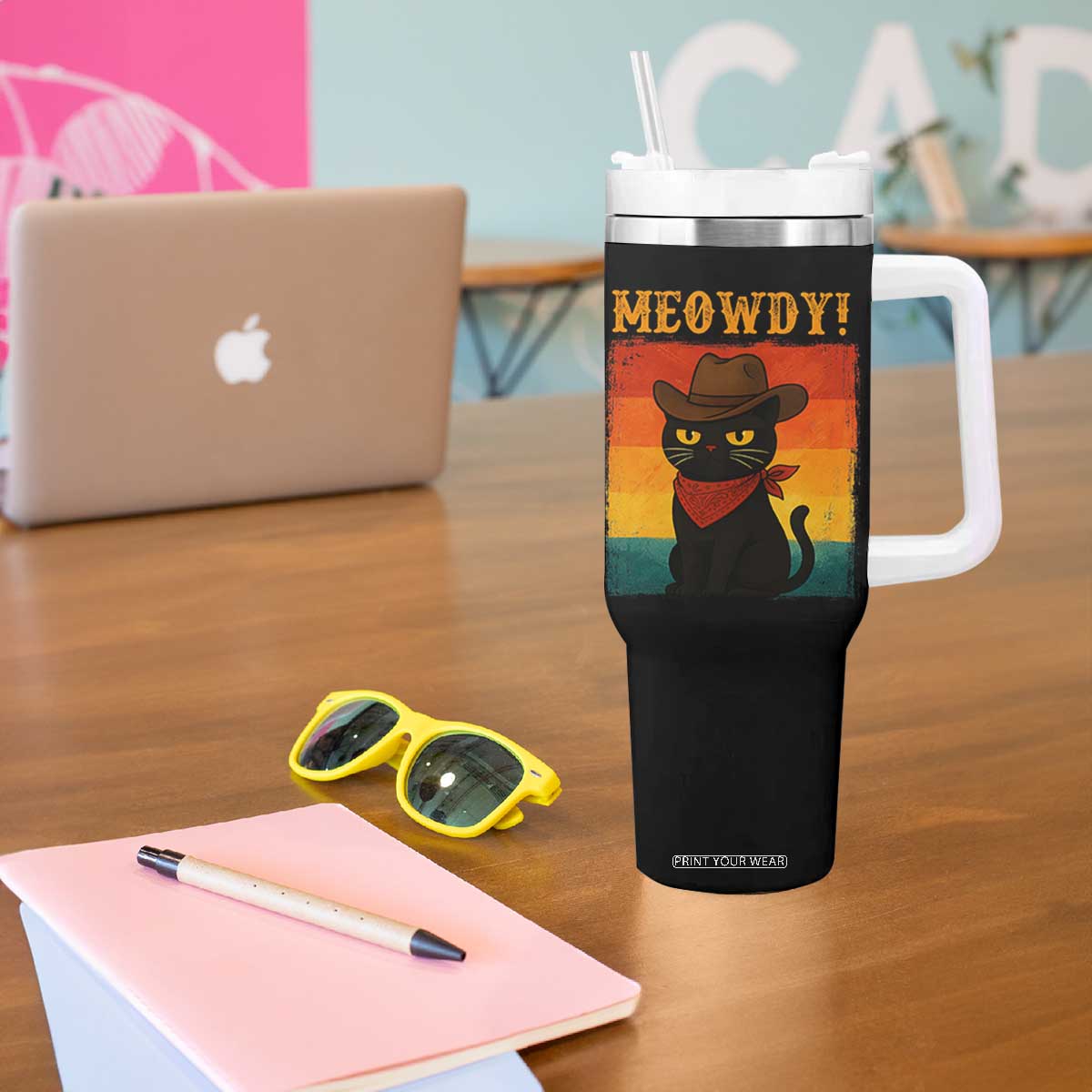 Meowdy Cowboy Cat Tumbler With Handle Cute Black Kitten Country Western TS14 Print Your Wear
