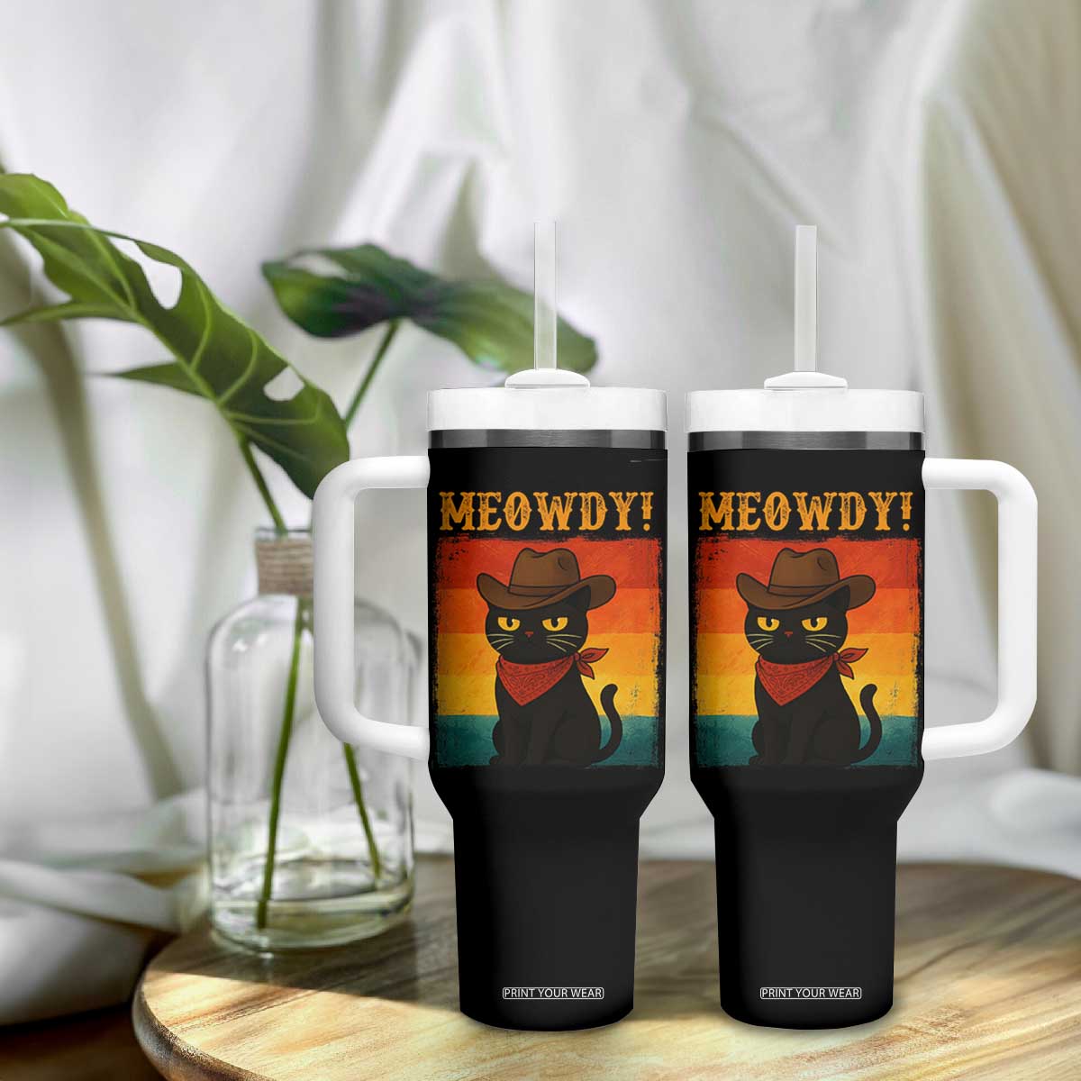 Meowdy Cowboy Cat Tumbler With Handle Cute Black Kitten Country Western TS14 Print Your Wear