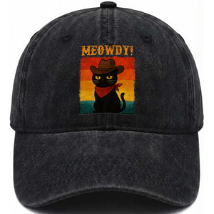 Meowdy Cowboy Cat Washed Cotton Baseball Cap Cute Black Kitten Country Western TS14 Washed Cap Universal Fit Black Print Your Wear