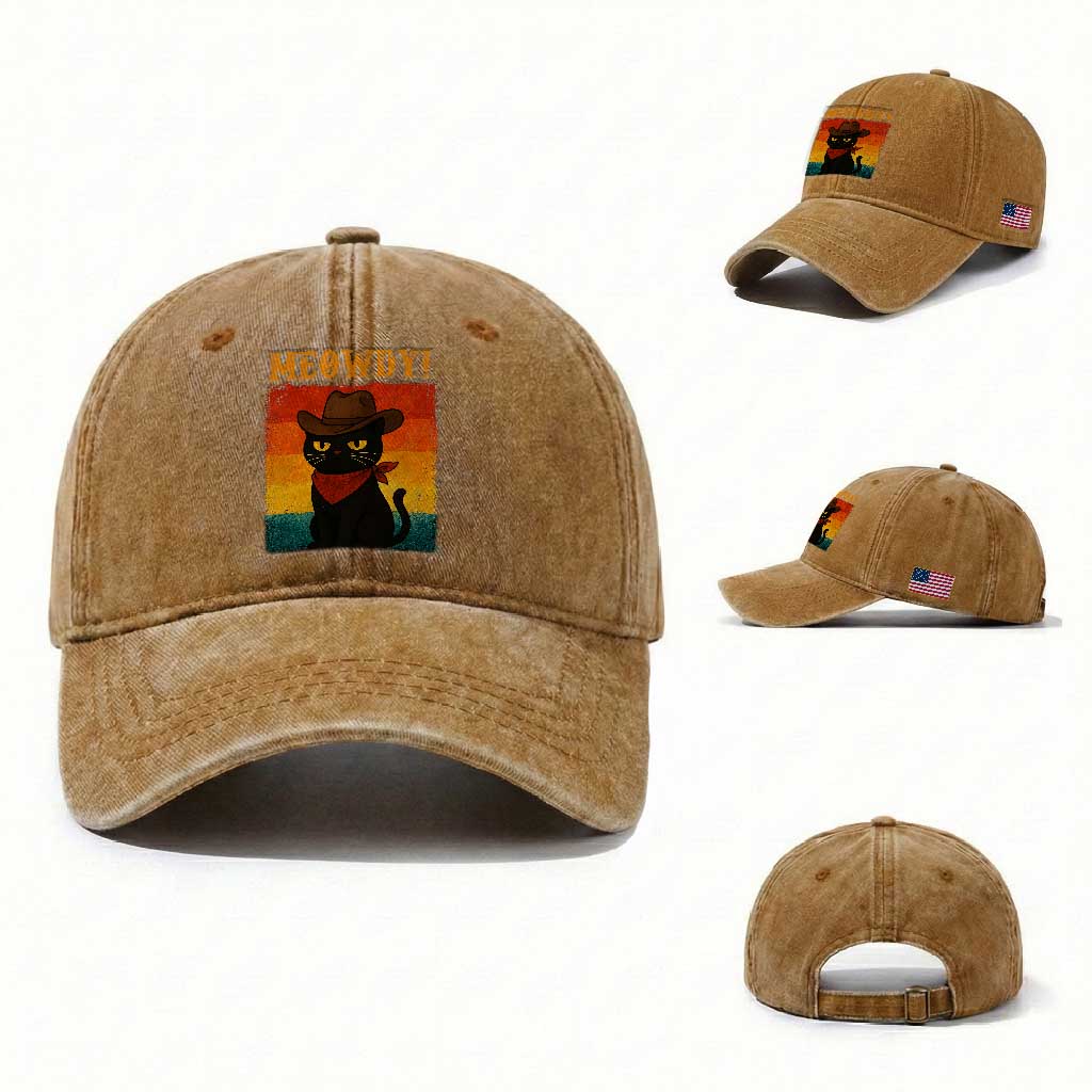 Meowdy Cowboy Cat Washed Cotton Baseball Cap Cute Black Kitten Country Western TS14 Washed Cap Universal Fit Yellow Ochre Print Your Wear