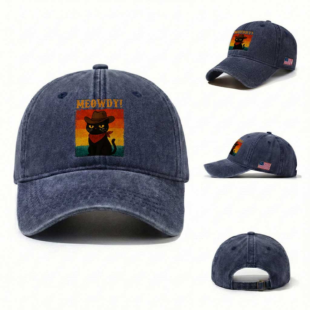 Meowdy Cowboy Cat Washed Cotton Baseball Cap Cute Black Kitten Country Western TS14 Washed Cap Universal Fit Navy Print Your Wear