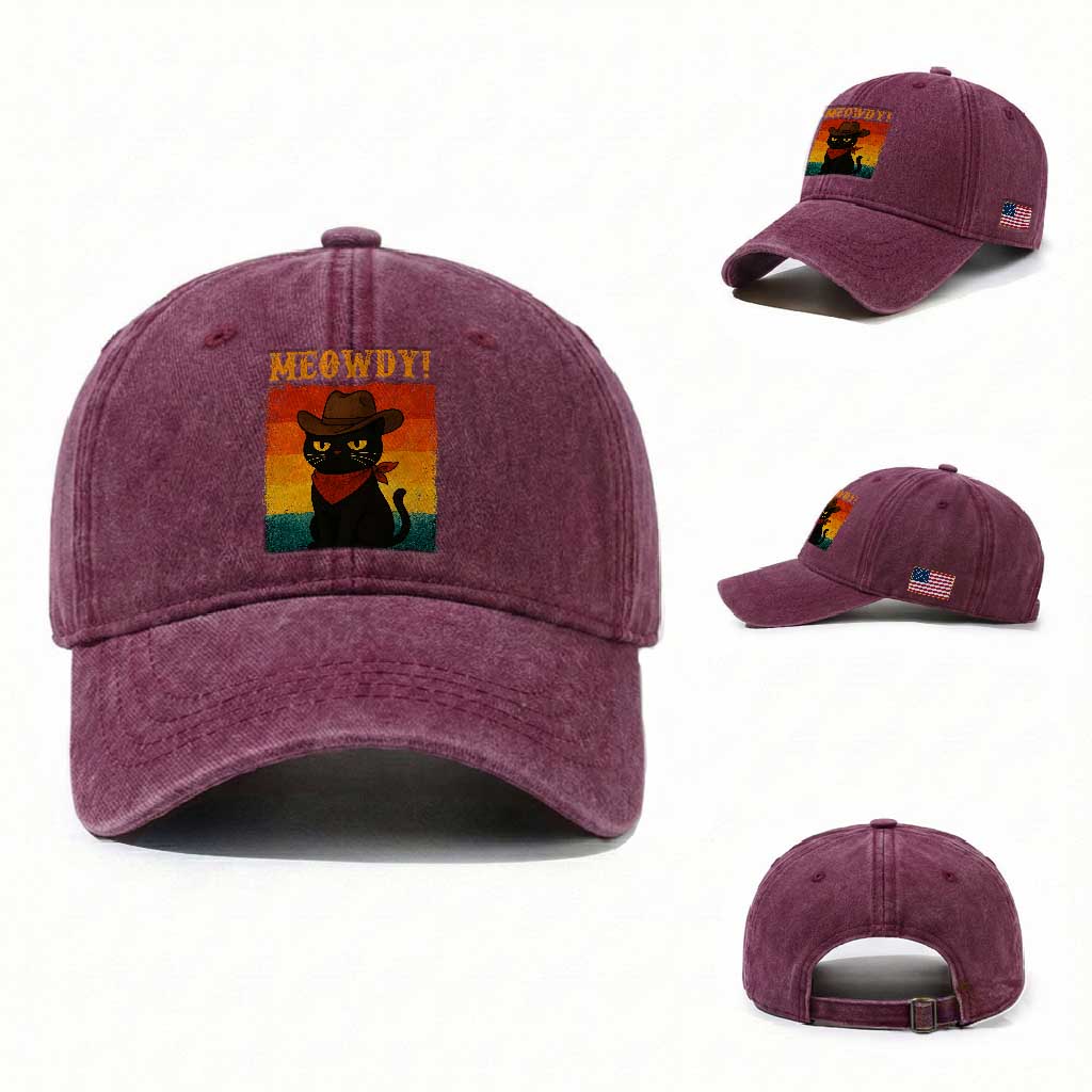 Meowdy Cowboy Cat Washed Cotton Baseball Cap Cute Black Kitten Country Western TS14 Washed Cap Universal Fit Burgundy Print Your Wear