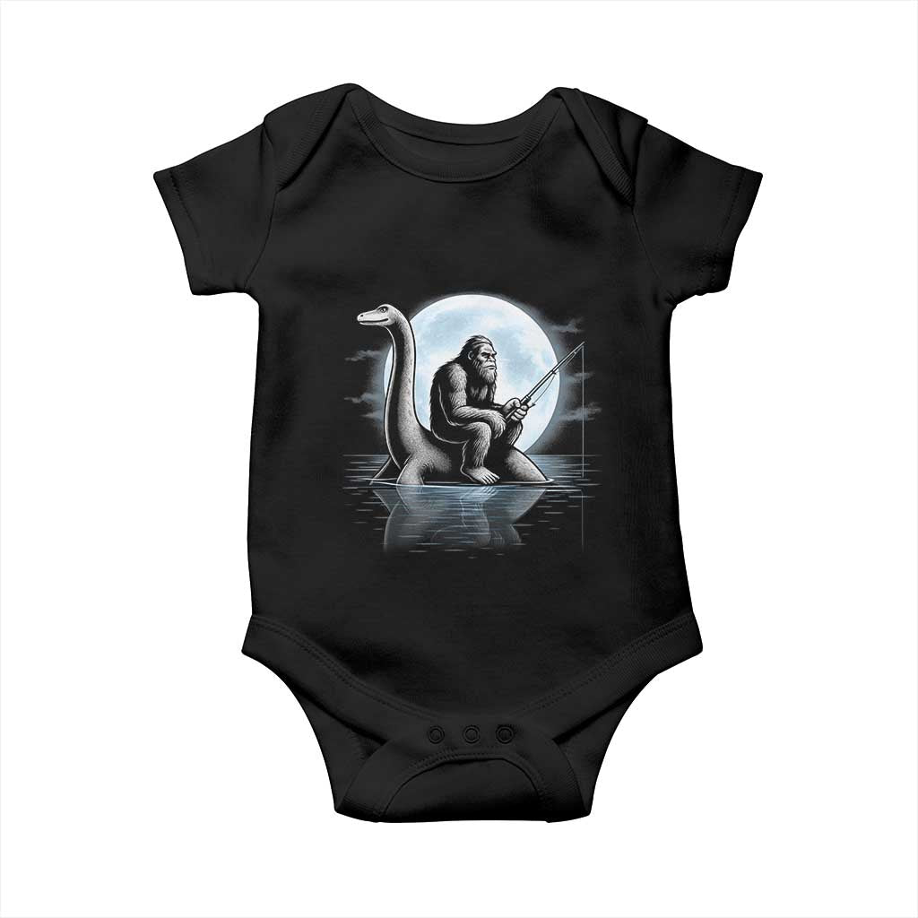Funny Bigfoot Fishing Baby Onesie Sasquatch Riding Nessie Cryptid Moon Night - Print Your Wear