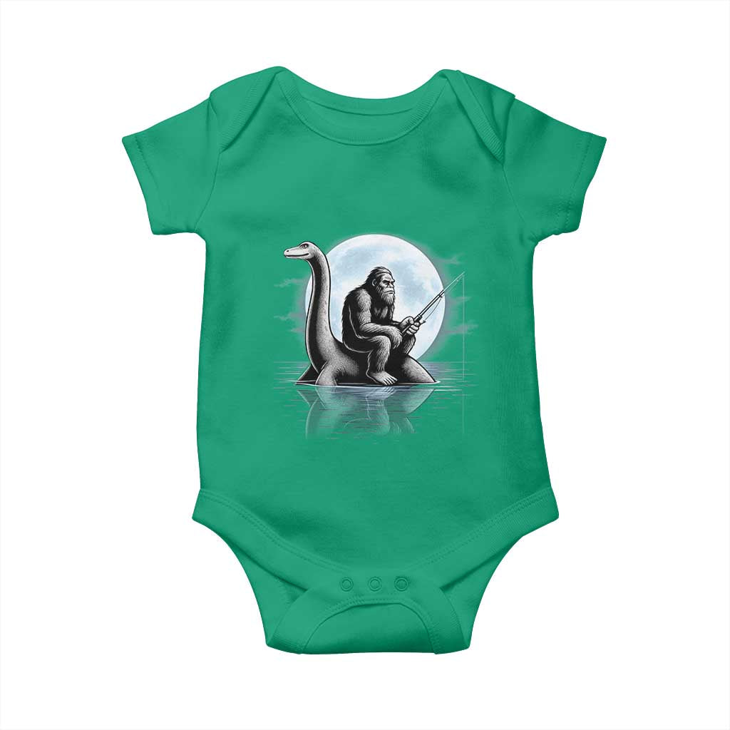 Funny Bigfoot Fishing Baby Onesie Sasquatch Riding Nessie Cryptid Moon Night - Print Your Wear