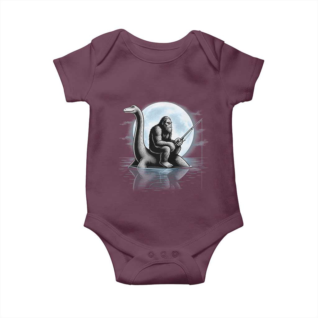 Funny Bigfoot Fishing Baby Onesie Sasquatch Riding Nessie Cryptid Moon Night - Print Your Wear