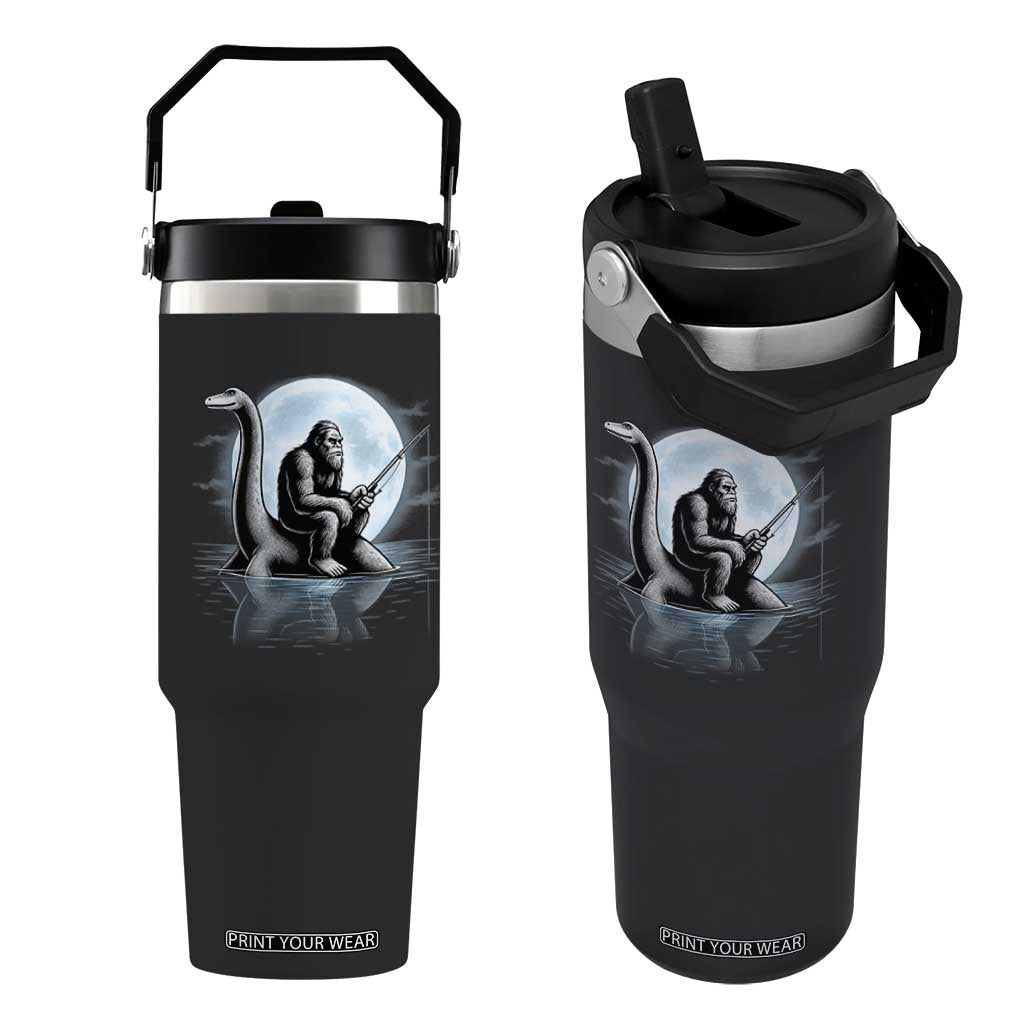 Funny Bigfoot Fishing Flip Straw Tumbler Sasquatch Riding Nessie Cryptid Moon Night TS14 One Size: 30 oz Black Print Your Wear