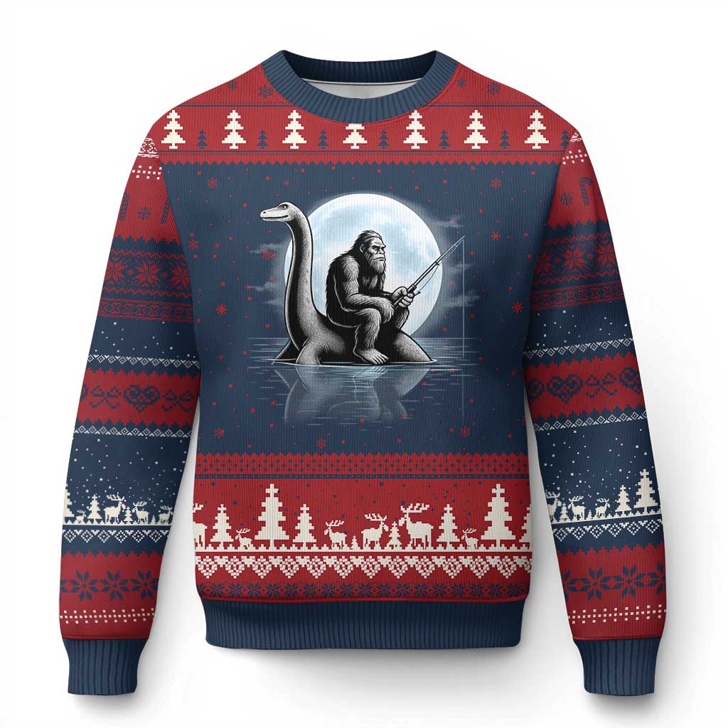 Funny Bigfoot Fishing Ugly Christmas Sweater Sasquatch Riding Nessie Cryptid Moon Night TS14 Navy Red Print Your Wear