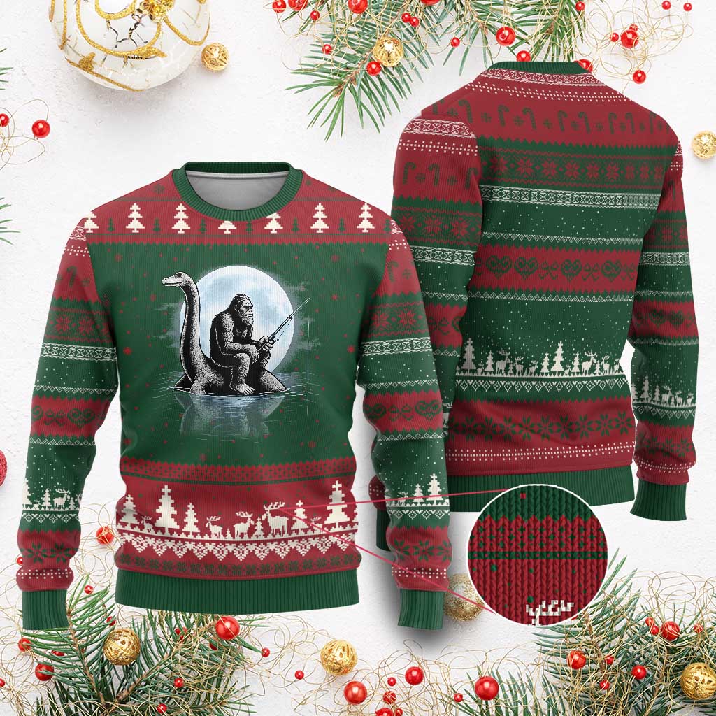 Funny Bigfoot Fishing Ugly Christmas Sweater Sasquatch Riding Nessie Cryptid Moon Night TS14 Red Green Print Your Wear