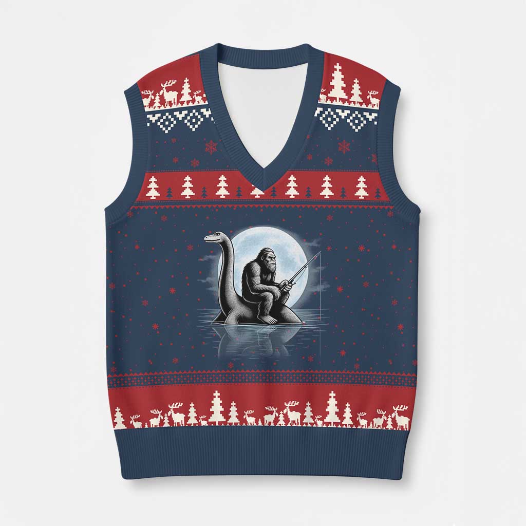 Funny Bigfoot Fishing V-Neck Knit Sweater Vest Sasquatch Riding Nessie Cryptid Moon Night TS14 Navy Red Print Your Wear