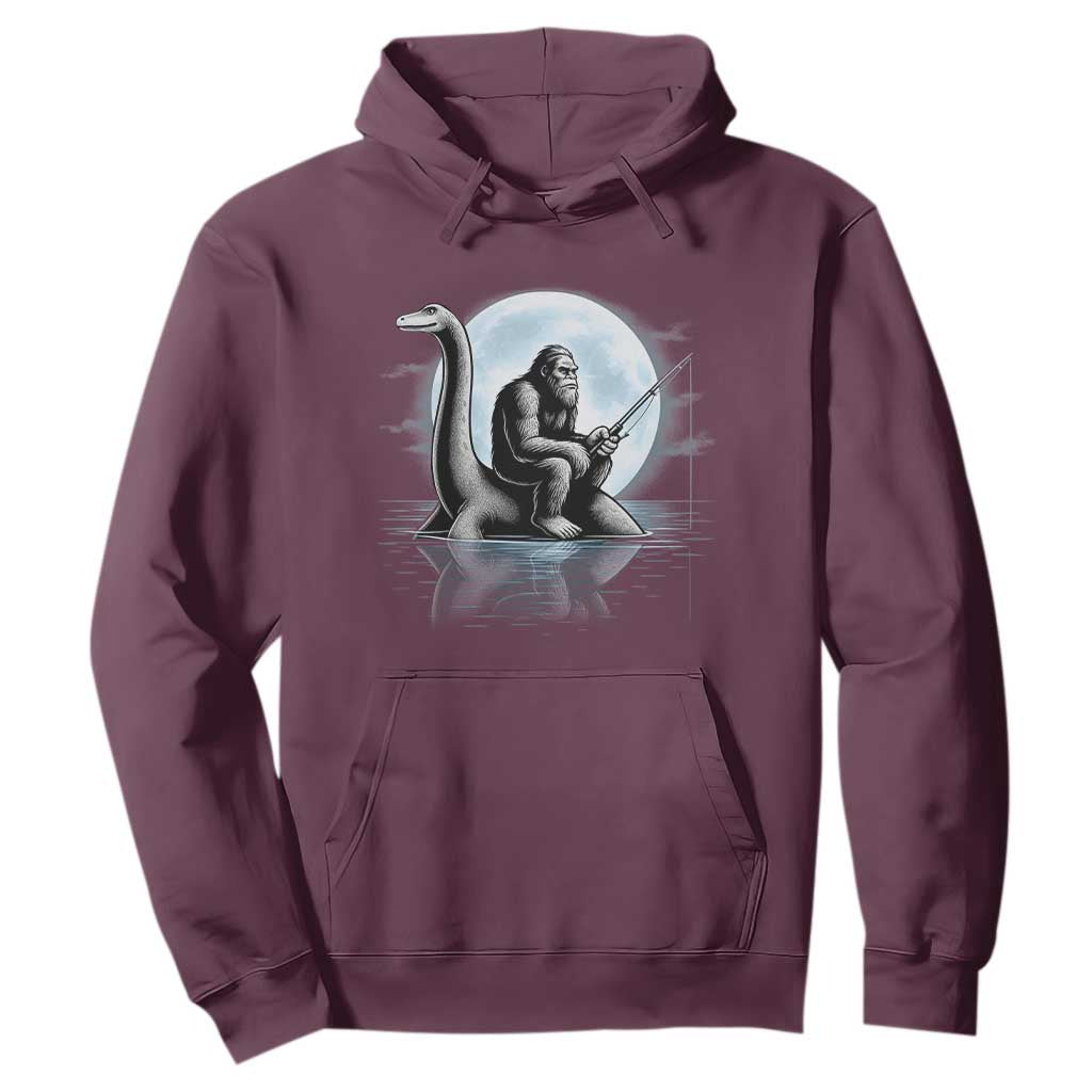 Funny Bigfoot Fishing Hoodie Sasquatch Riding Nessie Cryptid Moon Night TS14 Maroon Print Your Wear