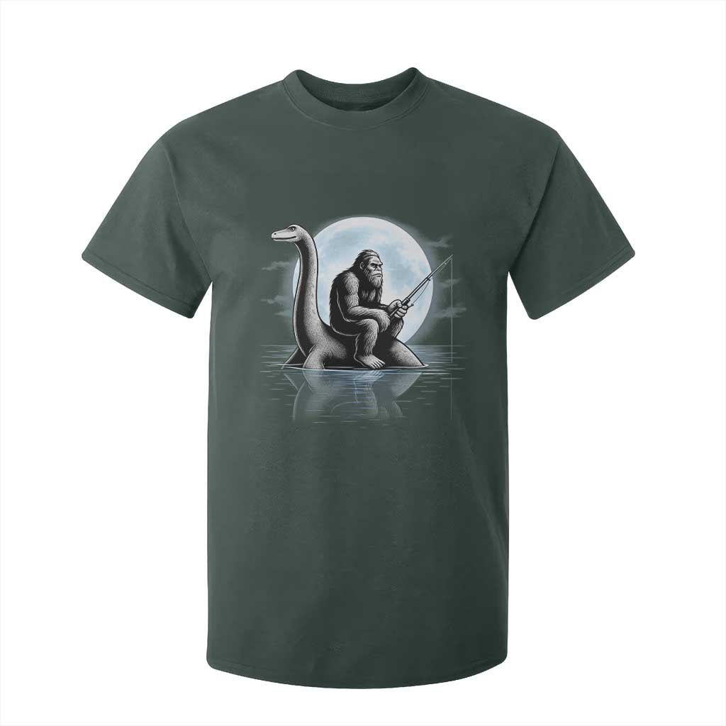 Funny Bigfoot Fishing T Shirt For Kid Sasquatch Riding Nessie Cryptid Moon Night TS14 Dark Forest Green Print Your Wear