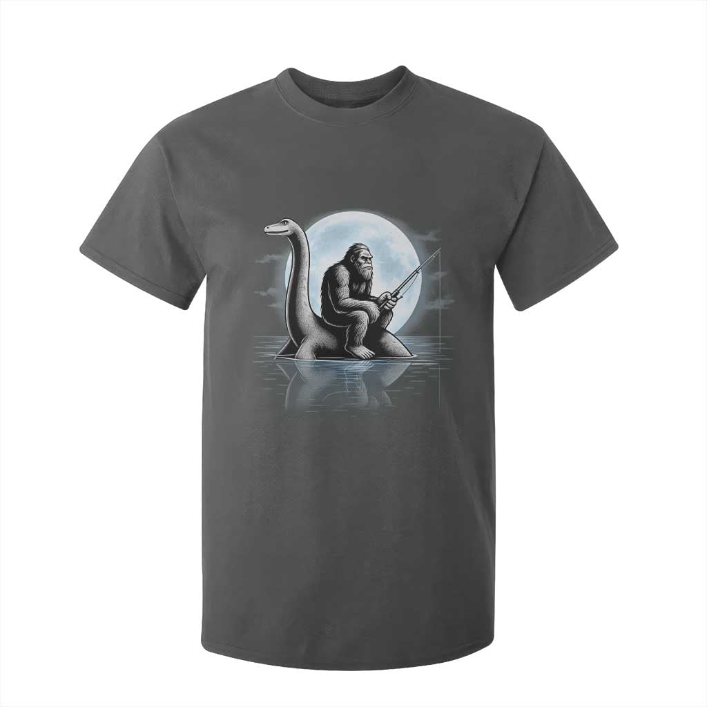 Funny Bigfoot Fishing T Shirt For Kid Sasquatch Riding Nessie Cryptid Moon Night TS14 Dark Heather Print Your Wear