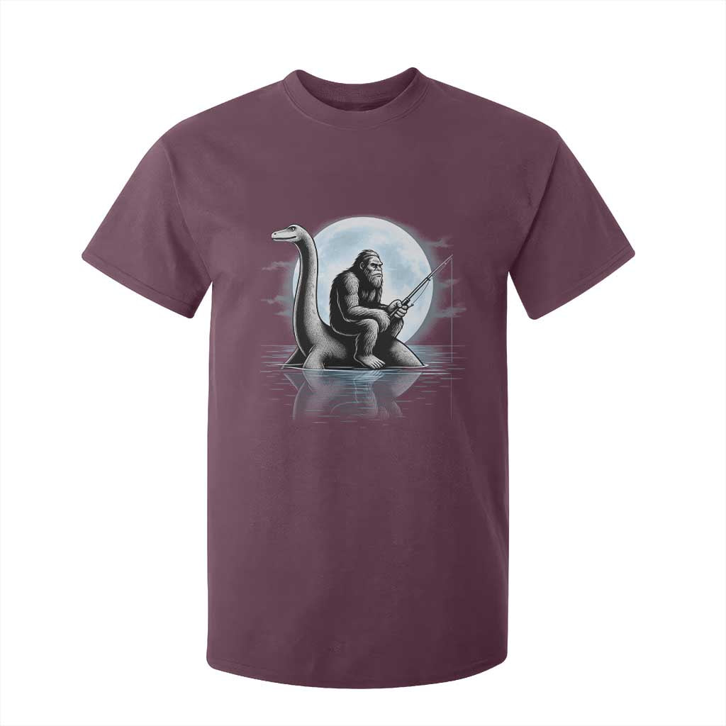 Funny Bigfoot Fishing T Shirt For Kid Sasquatch Riding Nessie Cryptid Moon Night TS14 Maroon Print Your Wear