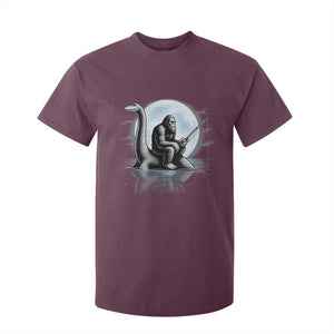 Funny Bigfoot Fishing T Shirt For Kid Sasquatch Riding Nessie Cryptid Moon Night TS14 Maroon Print Your Wear