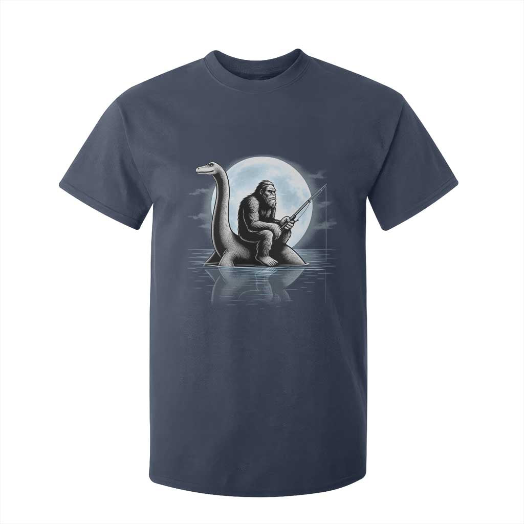 Funny Bigfoot Fishing T Shirt For Kid Sasquatch Riding Nessie Cryptid Moon Night TS14 Navy Print Your Wear