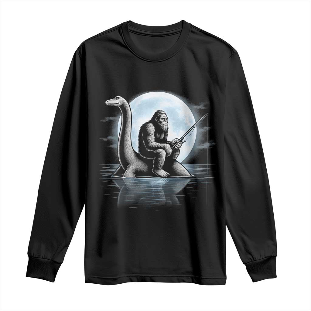 Funny Bigfoot Fishing Long Sleeve Shirt Sasquatch Riding Nessie Cryptid Moon Night TS14 Black Print Your Wear