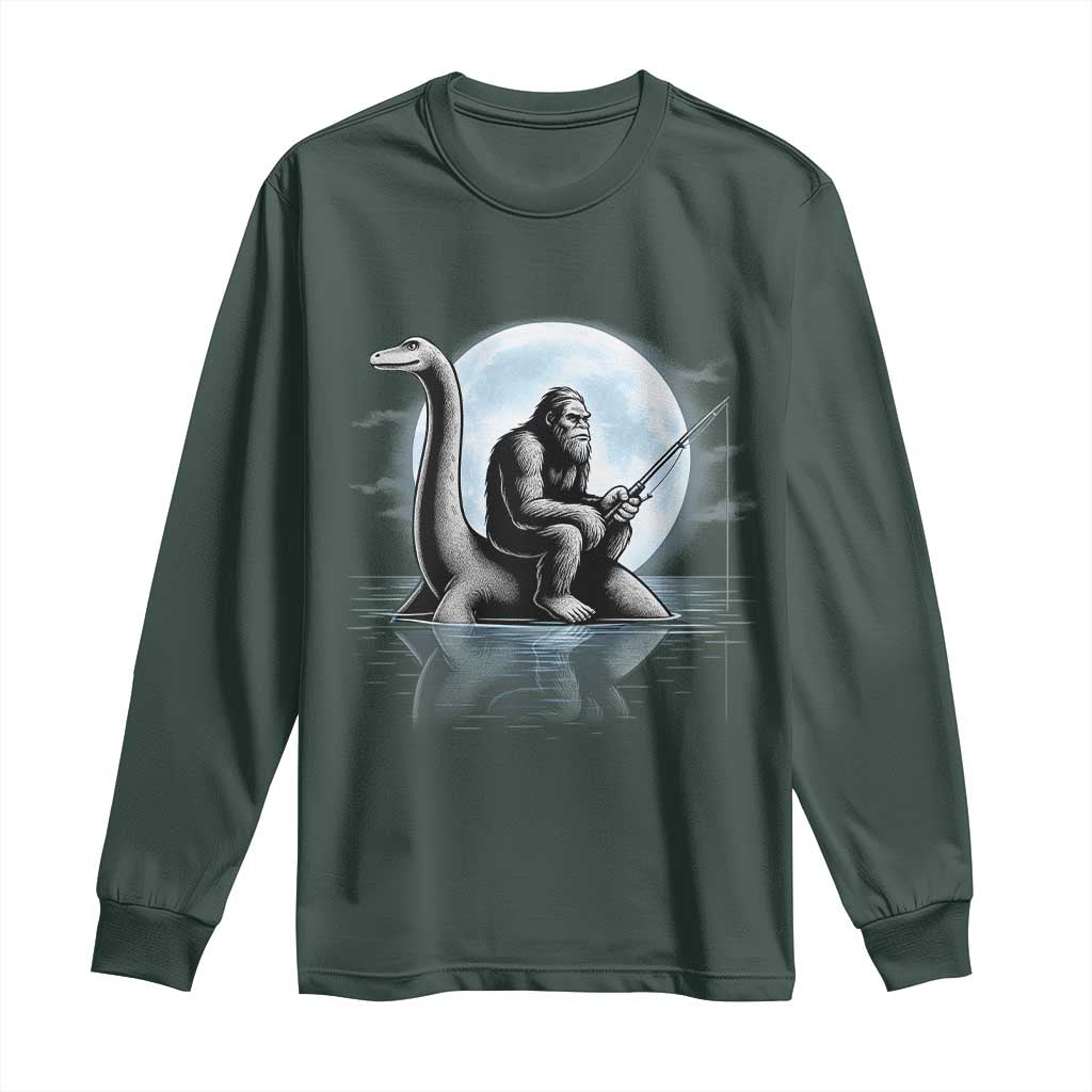 Funny Bigfoot Fishing Long Sleeve Shirt Sasquatch Riding Nessie Cryptid Moon Night TS14 Dark Forest Green Print Your Wear