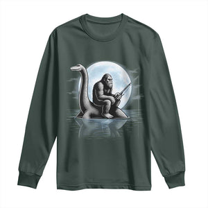 Funny Bigfoot Fishing Long Sleeve Shirt Sasquatch Riding Nessie Cryptid Moon Night TS14 Dark Forest Green Print Your Wear