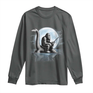 Funny Bigfoot Fishing Long Sleeve Shirt Sasquatch Riding Nessie Cryptid Moon Night TS14 Dark Heather Print Your Wear