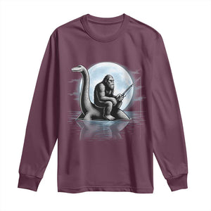 Funny Bigfoot Fishing Long Sleeve Shirt Sasquatch Riding Nessie Cryptid Moon Night TS14 Maroon Print Your Wear