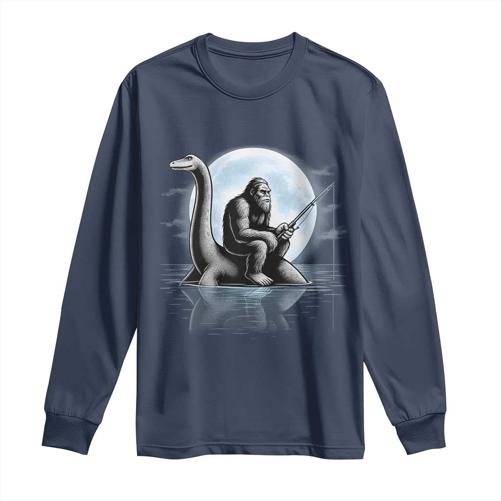 Funny Bigfoot Fishing Long Sleeve Shirt Sasquatch Riding Nessie Cryptid Moon Night TS14 Navy Print Your Wear