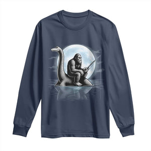 Funny Bigfoot Fishing Long Sleeve Shirt Sasquatch Riding Nessie Cryptid Moon Night TS14 Navy Print Your Wear