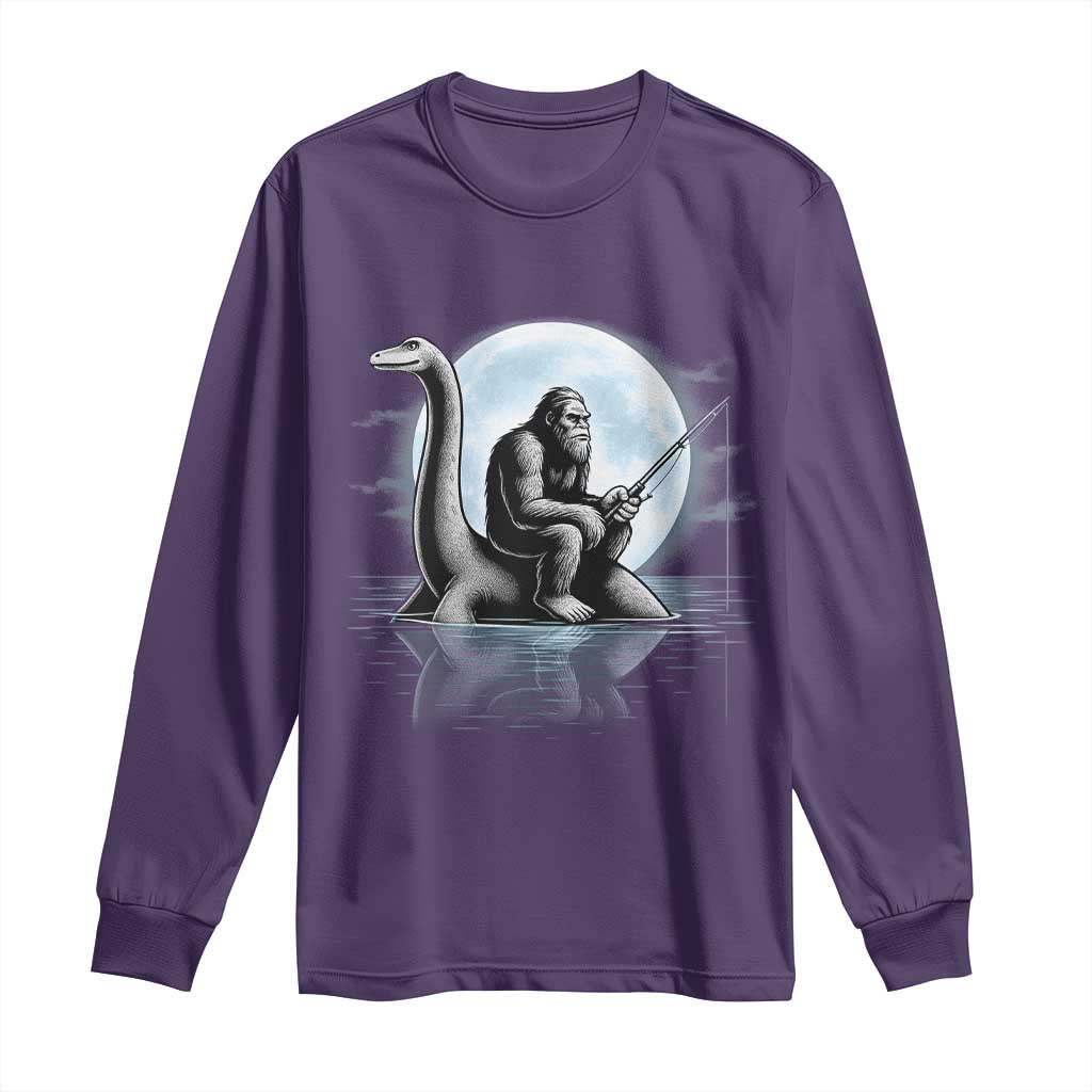 Funny Bigfoot Fishing Long Sleeve Shirt Sasquatch Riding Nessie Cryptid Moon Night TS14 Purple Print Your Wear