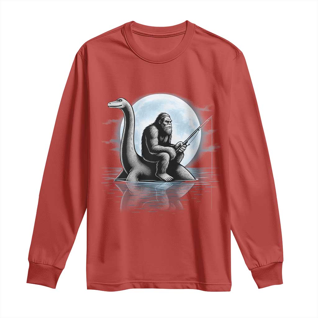 Funny Bigfoot Fishing Long Sleeve Shirt Sasquatch Riding Nessie Cryptid Moon Night TS14 Red Print Your Wear