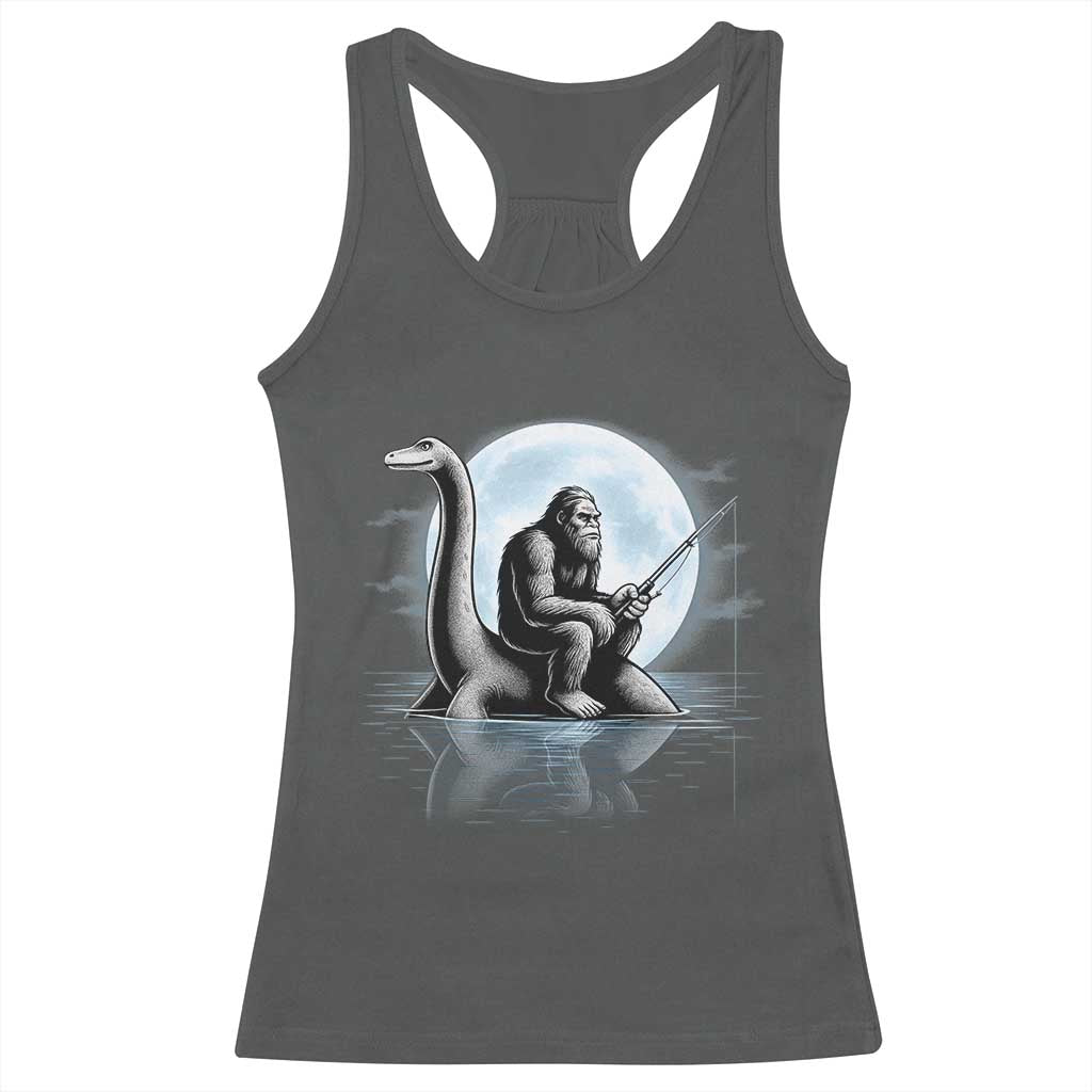 Funny Bigfoot Fishing Racerback Tank Top Sasquatch Riding Nessie Cryptid Moon Night TS14 Dark Heather Print Your Wear