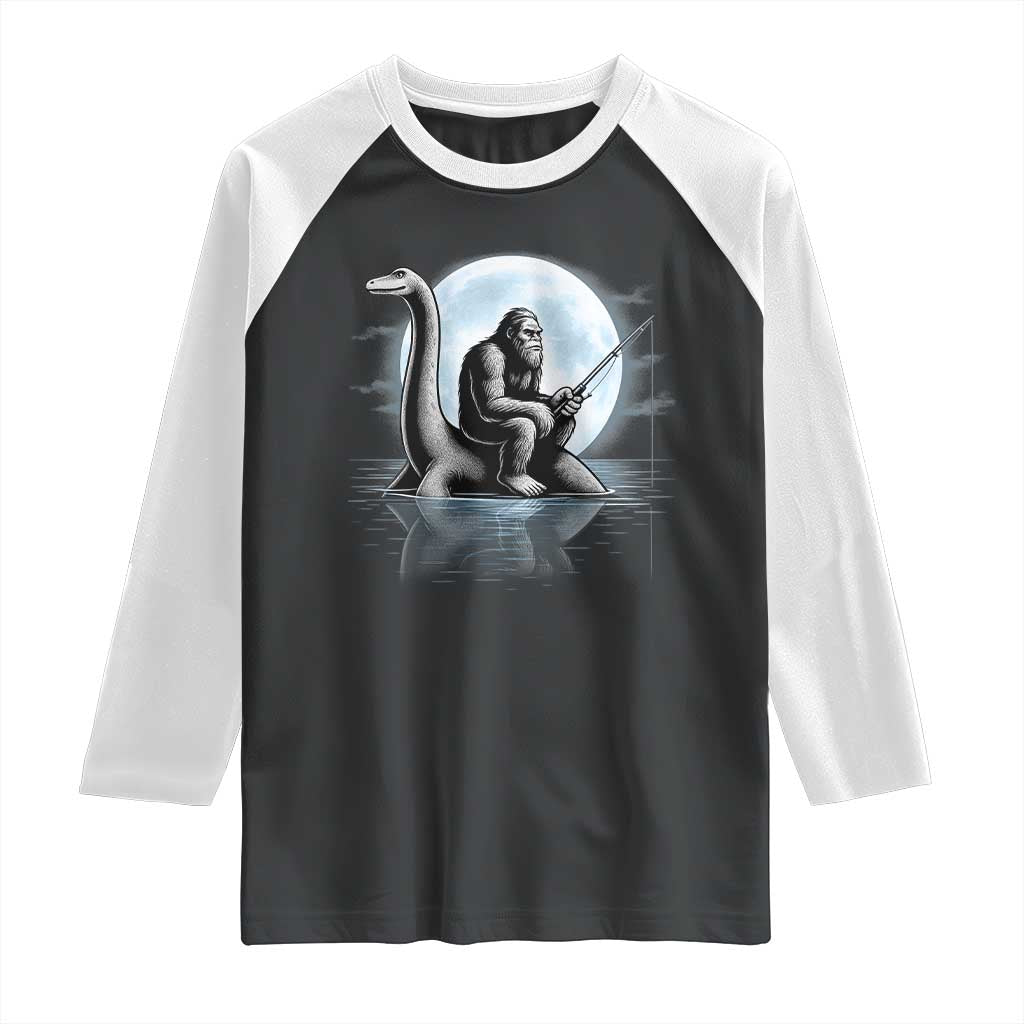 Funny Bigfoot Fishing Raglan Shirt Sasquatch Riding Nessie Cryptid Moon Night TS14 Black White Print Your Wear