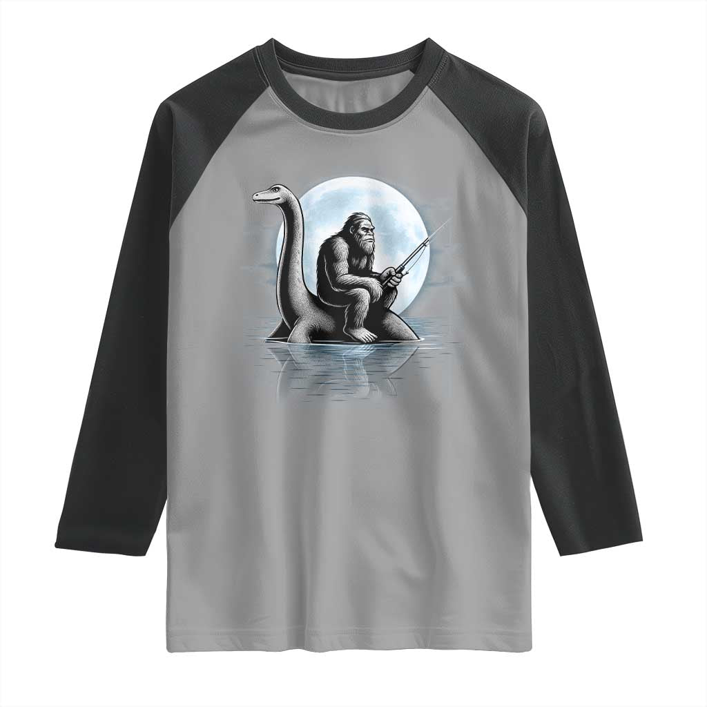 Funny Bigfoot Fishing Raglan Shirt Sasquatch Riding Nessie Cryptid Moon Night TS14 Sport Gray Black Print Your Wear