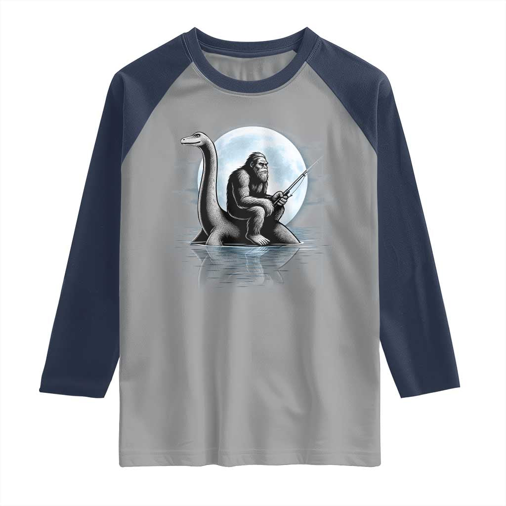 Funny Bigfoot Fishing Raglan Shirt Sasquatch Riding Nessie Cryptid Moon Night TS14 Sport Gray Navy Print Your Wear