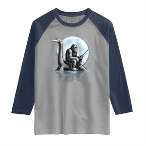 Funny Bigfoot Fishing Raglan Shirt Sasquatch Riding Nessie Cryptid Moon Night TS14 Sport Gray Navy Print Your Wear