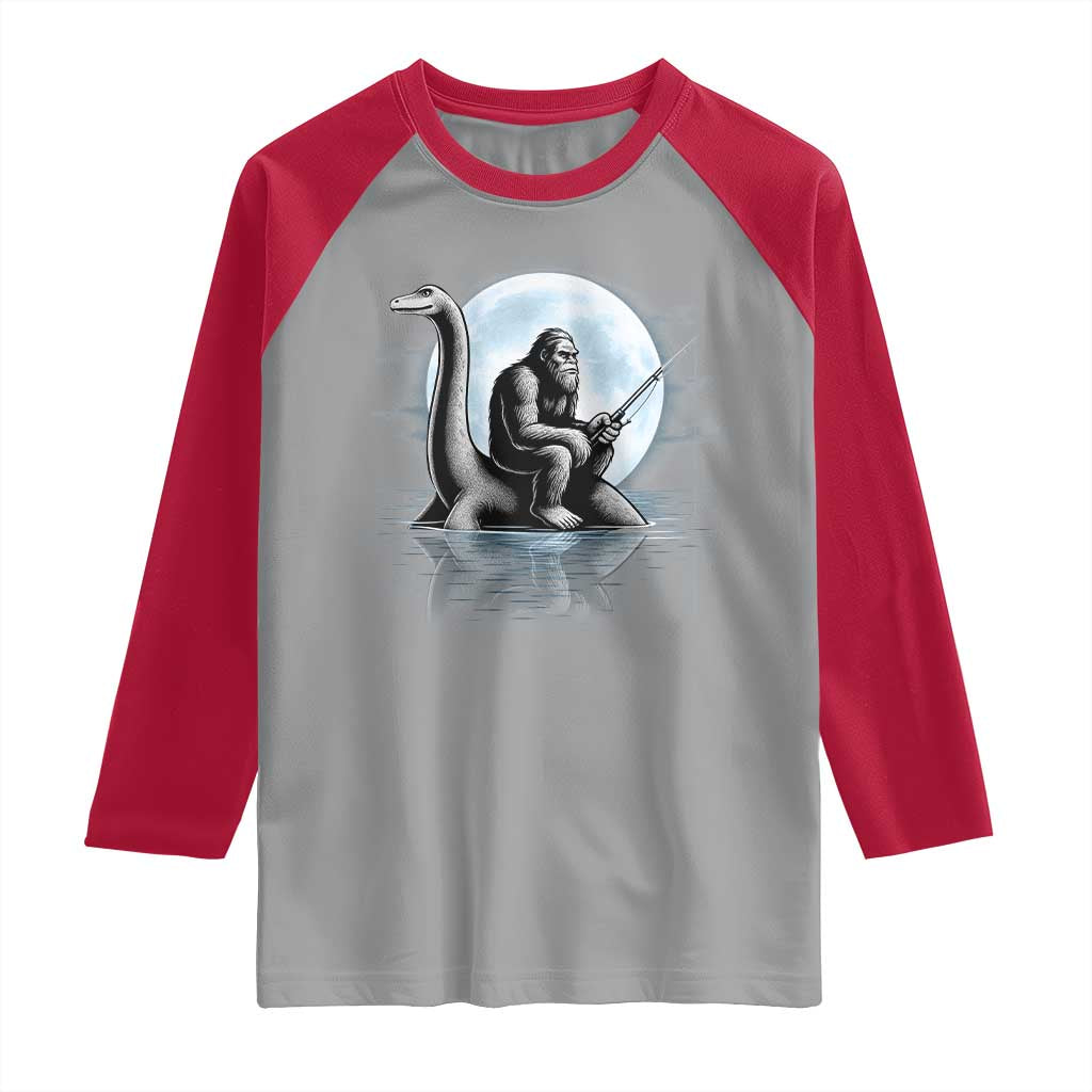 Funny Bigfoot Fishing Raglan Shirt Sasquatch Riding Nessie Cryptid Moon Night TS14 Sport Gray Red Print Your Wear