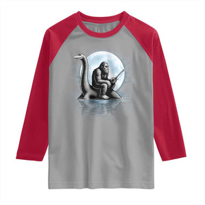 Funny Bigfoot Fishing Raglan Shirt Sasquatch Riding Nessie Cryptid Moon Night TS14 Sport Gray Red Print Your Wear