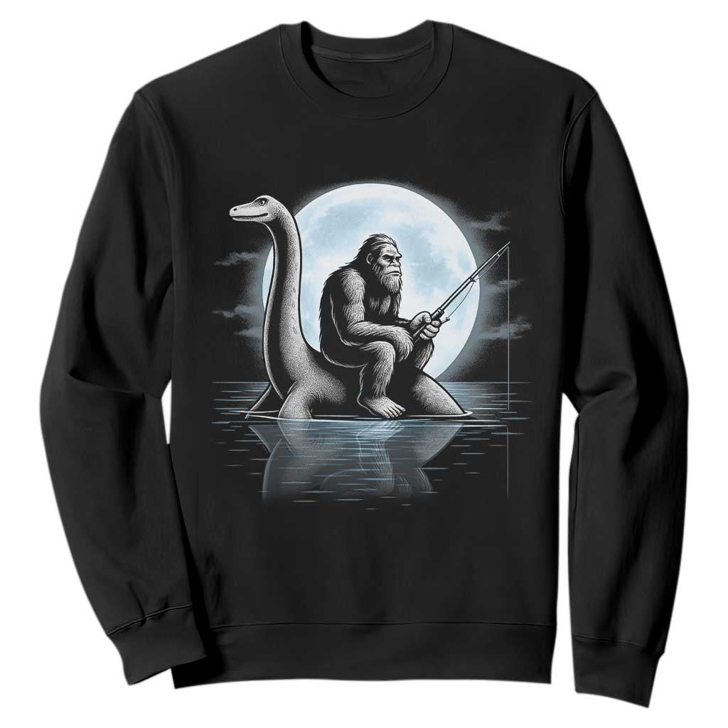 Funny Bigfoot Fishing Sweatshirt Sasquatch Riding Nessie Cryptid Moon Night TS14 Black Print Your Wear